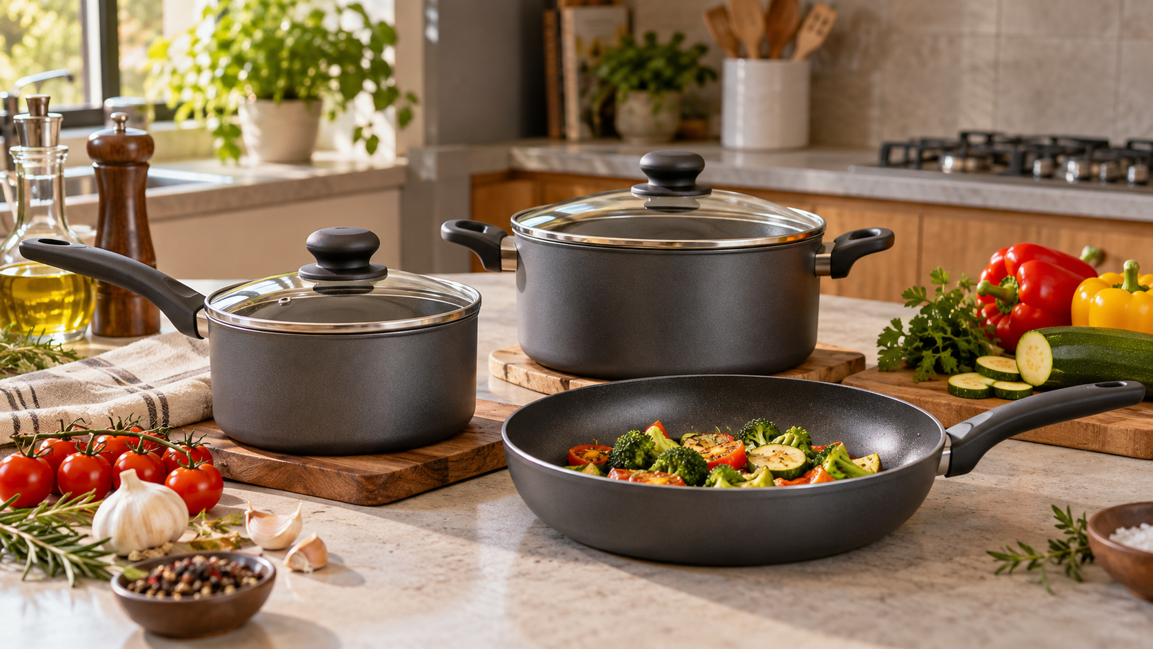 Cena ilustrativa com panelas cinza, frigideira e legumes em uma cozinha